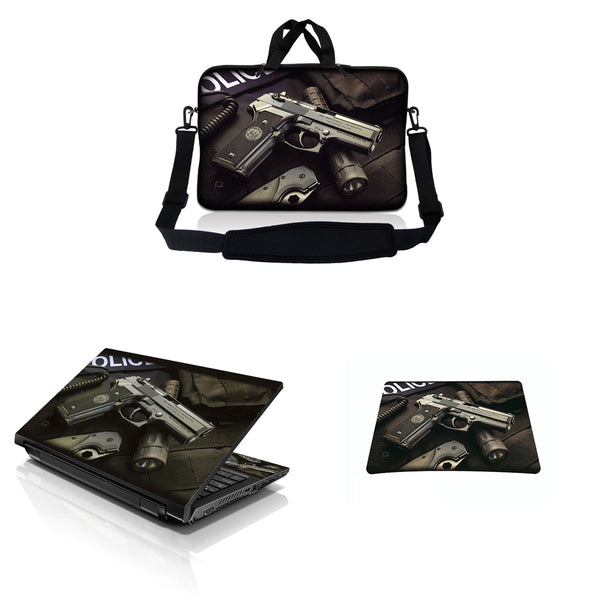 Notebook / Netbook Sleeve Carrying Case w/ Handle & Adjustable Shoulder Strap & Matching Skin & Mouse Pad – Police Gun Weapons