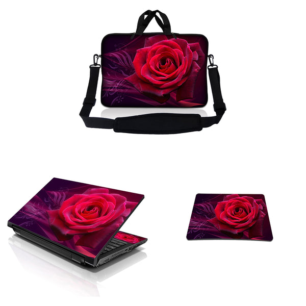 Notebook / Netbook Sleeve Carrying Case w/ Handle & Adjustable Shoulder Strap & Matching Skin & Mouse Pad – Pink Rose Floral Flower