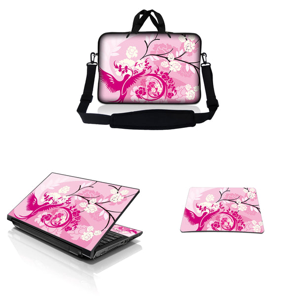 Notebook / Netbook Sleeve Carrying Case w/ Handle & Adjustable Shoulder Strap & Matching Skin & Mouse Pad – Pink White Roses Bird Floral