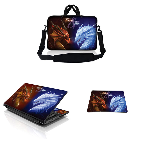 Notebook / Netbook Sleeve Carrying Case w/ Handle & Adjustable Shoulder Strap & Matching Skin & Mouse Pad – Fire & Ice Dragons