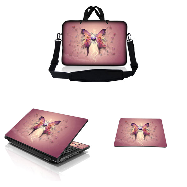 Notebook / Netbook Sleeve Carrying Case w/ Handle & Adjustable Shoulder Strap & Matching Skin & Mouse Pad – Pink Butterfly Floral