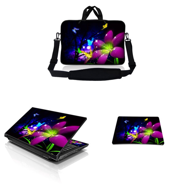 Notebook / Netbook Sleeve Carrying Case w/ Handle & Adjustable Shoulder Strap & Matching Skin & Mouse Pad – Purple Blue Floral