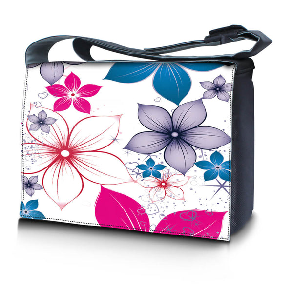 Laptop Padded Compartment Shoulder Messenger Bag Carrying Case – White Pink Blue Flower Leaves