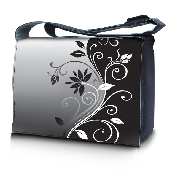 Laptop Padded Compartment Shoulder Messenger Bag Carrying Case – Gray Black Swirl Floral
