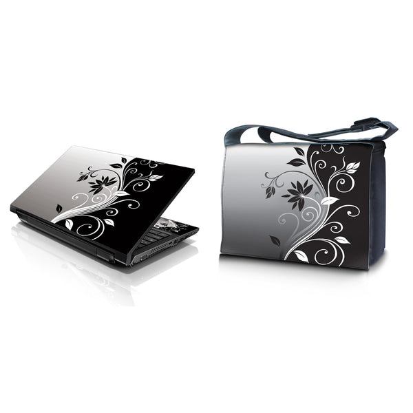 Laptop Padded Compartment Shoulder Messenger Bag Carrying Case & Matching Skin – Gray Black Swirl Floral