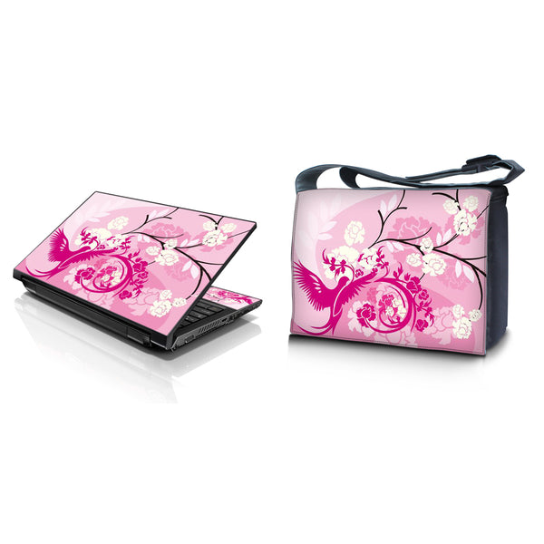Laptop Padded Compartment Shoulder Messenger Bag Carrying Case & Matching Skin – Pink Birds Floral