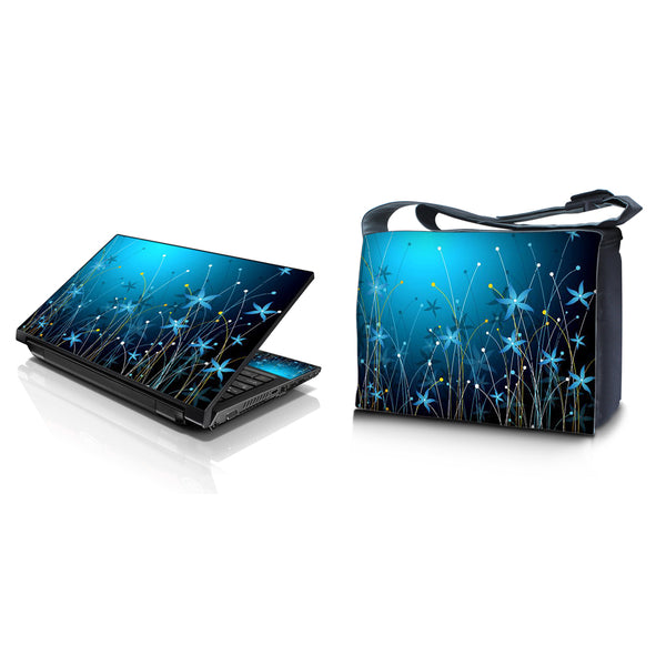 Laptop Padded Compartment Shoulder Messenger Bag Carrying Case & Matching Skin – Blue Floral