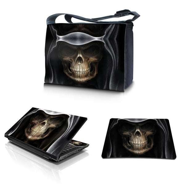 Laptop Padded Compartment Shoulder Messenger Bag Carrying Case & Matching Skin & Mouse Pad – Hooded Dark Lord Skull
