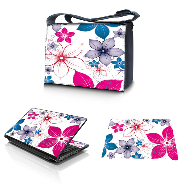 Laptop Padded Compartment Shoulder Messenger Bag Carrying Case & Matching Skin & Mouse Pad – White Pink Blue Flower Leaves
