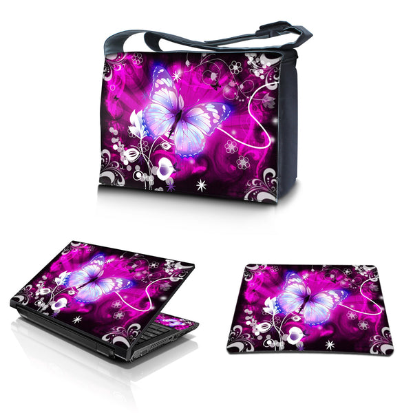 Laptop Padded Compartment Shoulder Messenger Bag Carrying Case & Matching Skin & Mouse Pad – Butterfly Purple