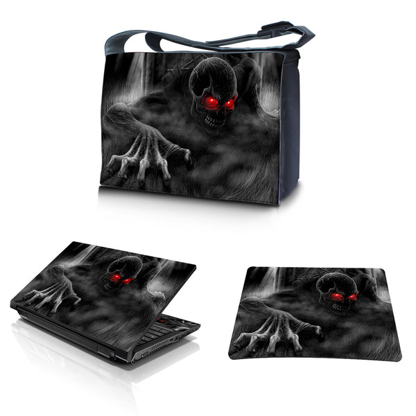 Laptop Padded Compartment Shoulder Messenger Bag Carrying Case & Matching Skin & Mouse Pad – Dark Ghost Zombie Skull