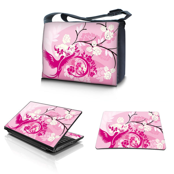 Laptop Padded Compartment Shoulder Messenger Bag Carrying Case & Matching Skin & Mouse Pad – Pink Birds Floral