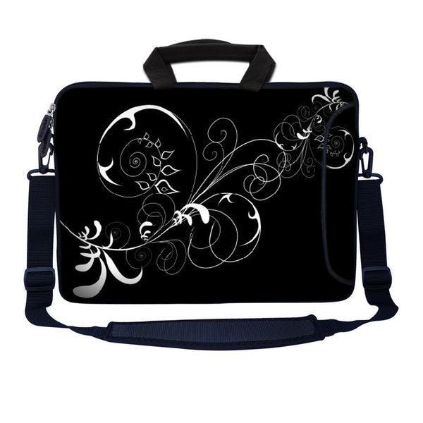 Laptop Sleeve Carrying Case with Large Side Pocket for Accessories and Removable Shoulder Strap - Vines Black and White Swirl Floral