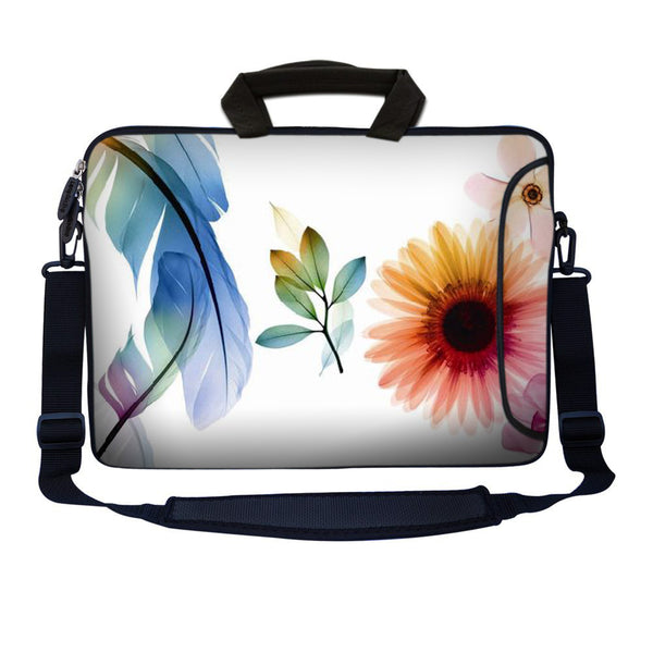 Laptop Sleeve Carrying Case with Large Side Pocket for Accessories and Removable Shoulder Strap - Daisy Flower Leaves Floral