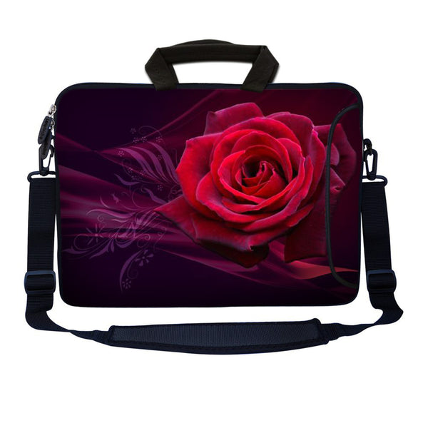 Laptop Sleeve Carrying Case with Large Side Pocket for Accessories and Removable Shoulder Strap - Pink Rose Floral Flower