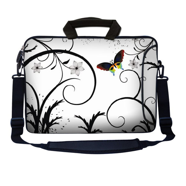 Laptop Sleeve Carrying Case with Large Side Pocket for Accessories and Removable Shoulder Strap - White Butterfly Escape Floral