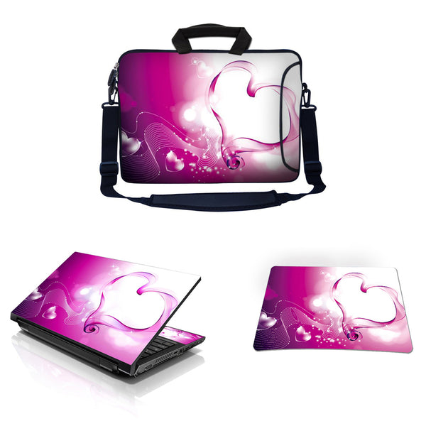 Laptop Sleeve Carrying Case w/ Removable Shoulder Strap & Skin & Mouse Pad – Pink Heart