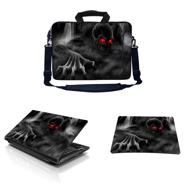Laptop Sleeve Carrying Case w/ Removable Shoulder Strap & Skin & Mouse Pad – Red Eye Dark Ghost Zombie Skull