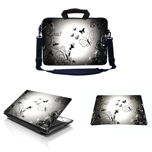 Laptop Sleeve Carrying Case w/ Removable Shoulder Strap & Skin & Mouse Pad – Dark Contrast Fade Butterfly