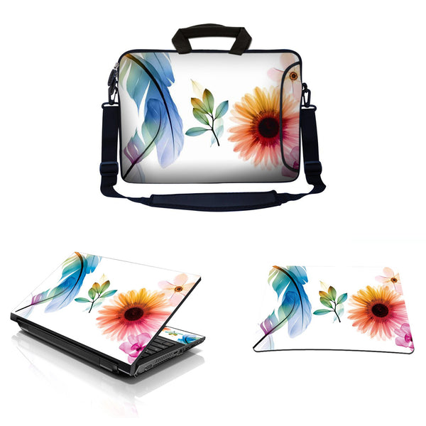 Laptop Sleeve Carrying Case w/ Removable Shoulder Strap & Skin & Mouse Pad – Daisy Flower Leaves Floral
