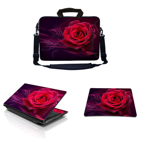 Laptop Sleeve Carrying Case w/ Removable Shoulder Strap & Skin & Mouse Pad – Pink Rose Floral Flower