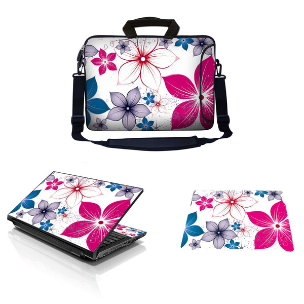 Laptop Sleeve Carrying Case w/ Removable Shoulder Strap & Skin & Mouse Pad – White Pink Blue Flower Leaves