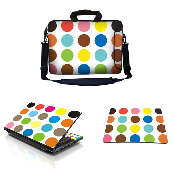 Laptop Sleeve Carrying Case w/ Removable Shoulder Strap & Skin & Mouse Pad – Polka Dots