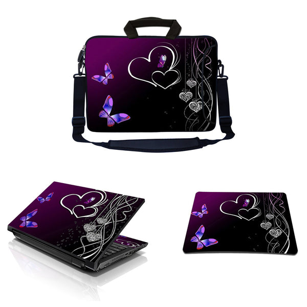 Laptop Sleeve Carrying Case w/ Removable Shoulder Strap & Skin & Mouse Pad – Butterfly Heart Floral
