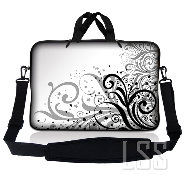 Laptop Notebook Sleeve Carrying Case with Carry Handle and Shoulder Strap - Grey Swirl Black & White Floral