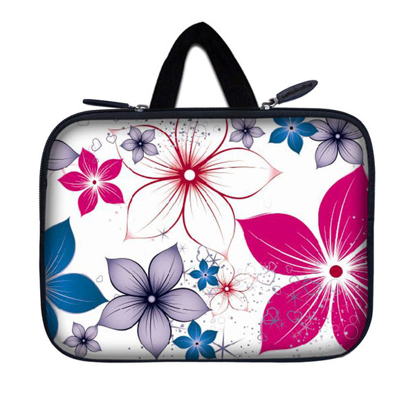 Tablet Sleeve Carrying Case w/ Hidden Handle – White Pink Blue Flower Leaves