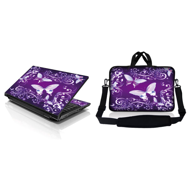 Notebook / Netbook Sleeve Carrying Case w/ Handle & Adjustable Shoulder Strap & Matching Skin – Purple Butterfly