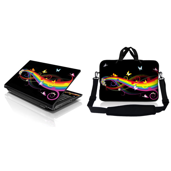 Notebook / Netbook Sleeve Carrying Case w/ Handle & Adjustable Shoulder Strap & Matching Skin – Rainbow Butterfly