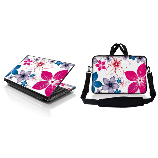 Notebook / Netbook Sleeve Carrying Case w/ Handle & Adjustable Shoulder Strap & Matching Skin – White Pink Blue Flower Leaves