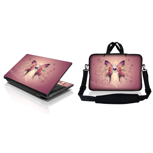 Notebook / Netbook Sleeve Carrying Case w/ Handle & Adjustable Shoulder Strap & Matching Skin – Pink Butterfly Floral