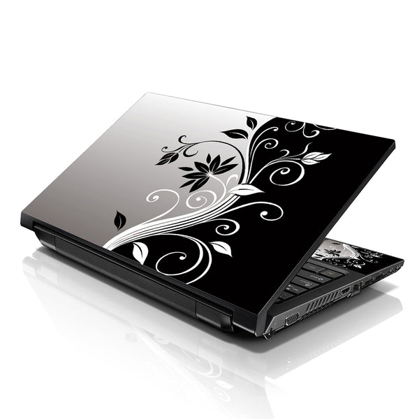 Laptop Notebook Skin Decal with 2 Matching Wrist Pads - Black & White Floral