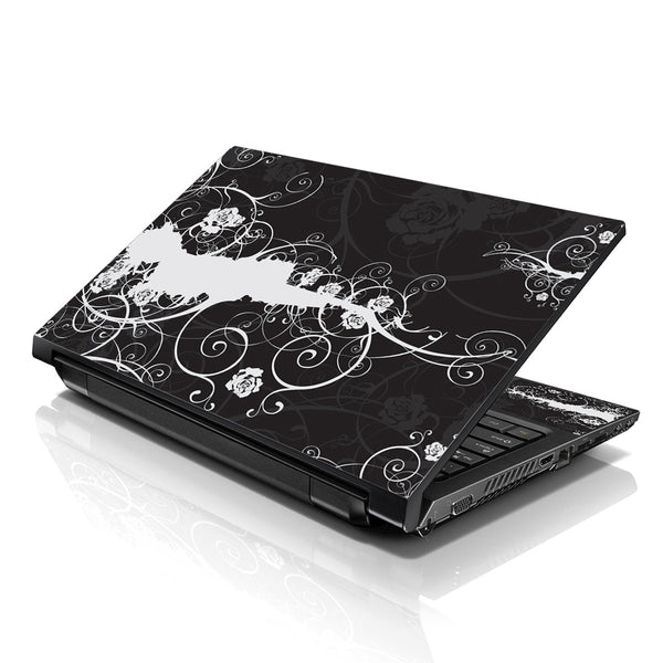Laptop Notebook Skin Decal with 2 Matching Wrist Pads - Black and White Floral