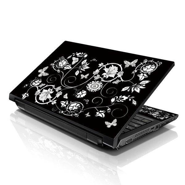 Laptop Notebook Skin Decal with 2 Matching Wrist Pads - Black and White Floral