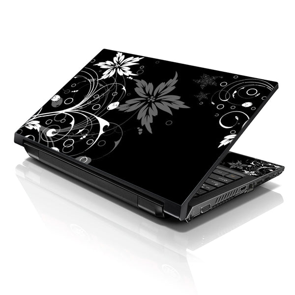 Laptop Notebook Skin Decal with 2 Matching Wrist Pads - Black and White Floral