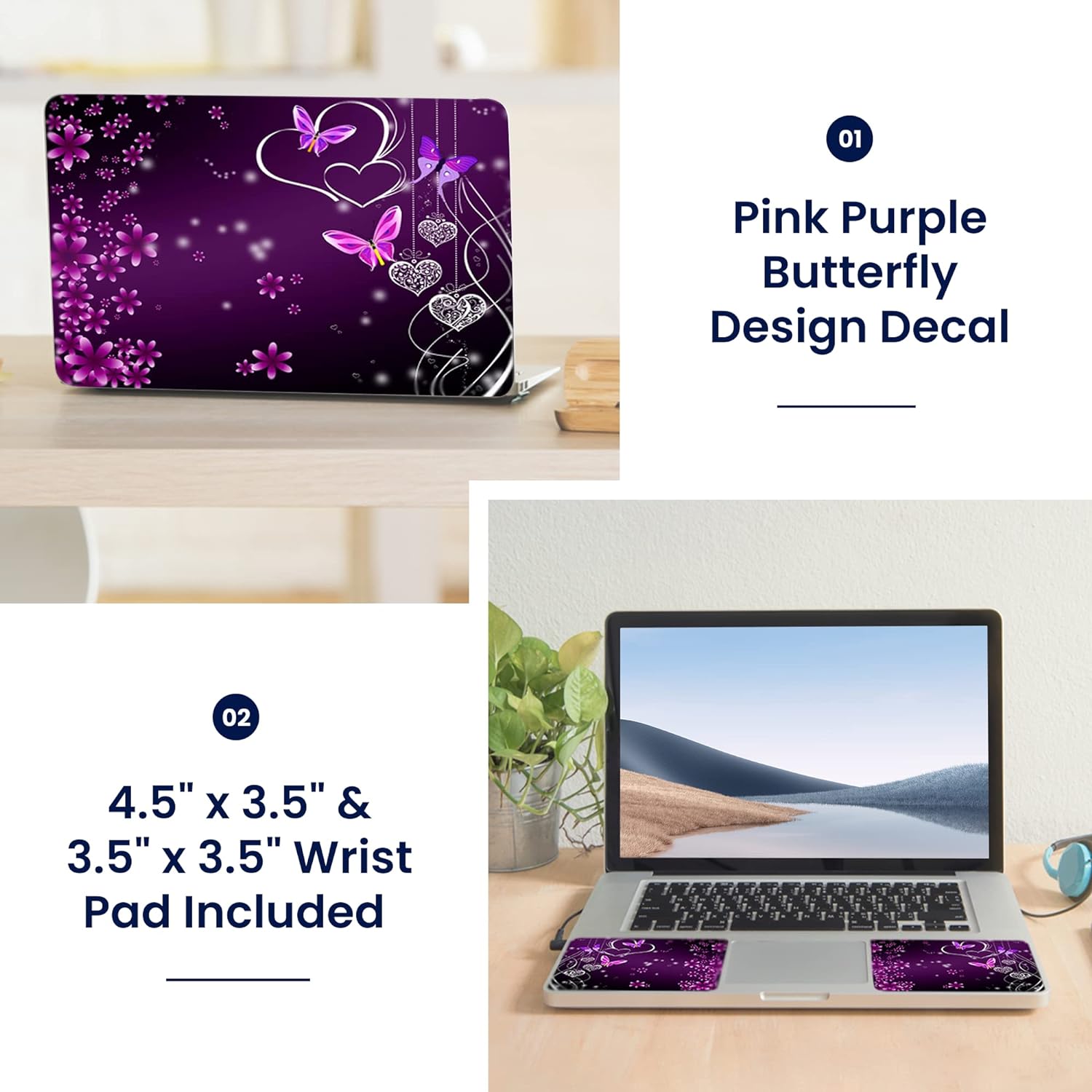 Purple Heart Butterfly Laptop Skin Decal with 2 Matched Graphical Wrist ...