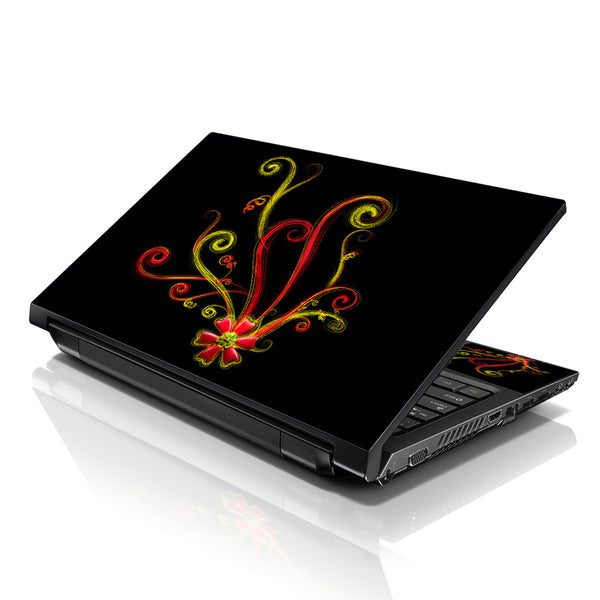 Laptop Notebook Skin Decal with 2 Matching Wrist Pads - Red & Yellow Floral Vines