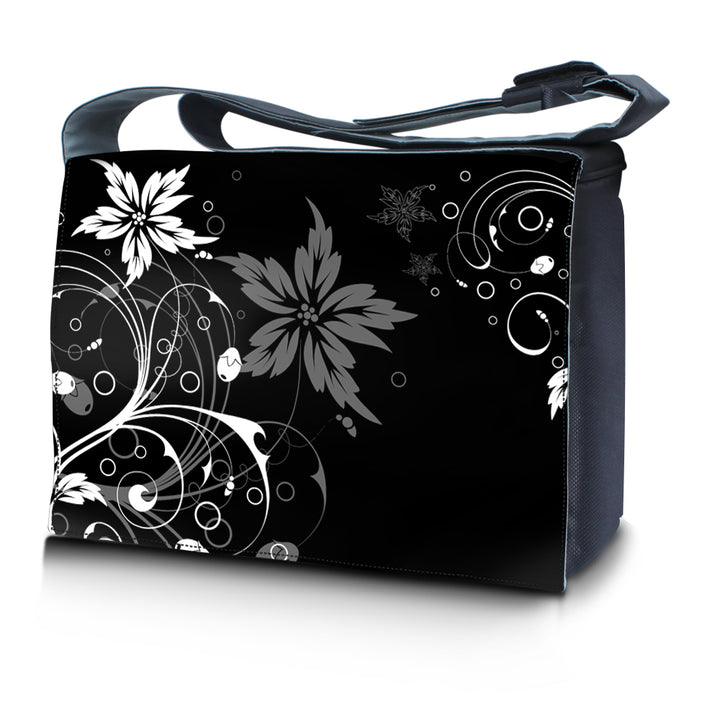 Laptop Padded Compartment Shoulder Bag - Black and White Floral