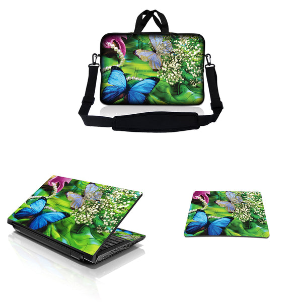 Notebook / Netbook Sleeve Carrying Case w/ Handle & Adjustable Shoulder Strap & Matching Skin & Mouse Pad – Butterfly Floral