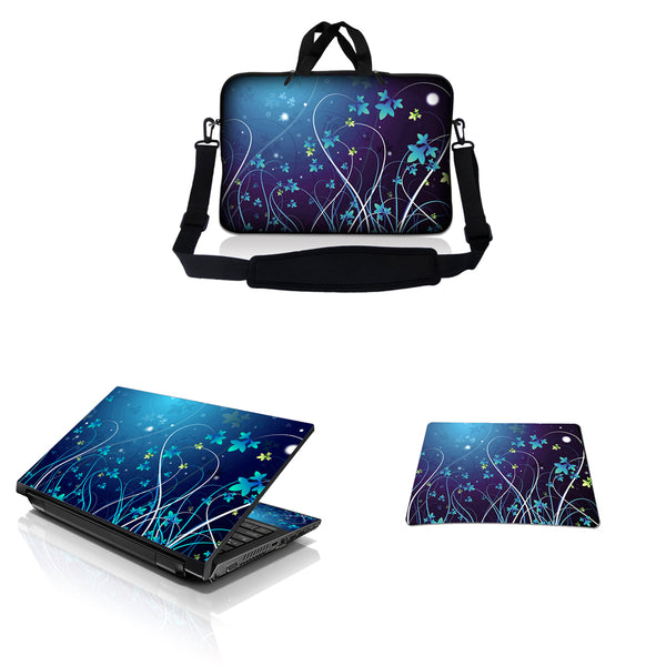 Notebook / Netbook Sleeve Carrying Case w/ Handle & Adjustable Shoulder Strap & Matching Skin & Mouse Pad – Blue Swirl Mid Summer Night Floral