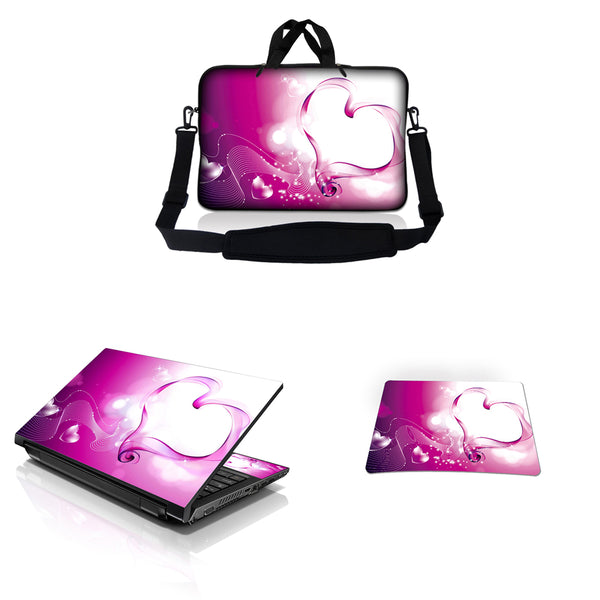 Notebook / Netbook Sleeve Carrying Case w/ Handle & Adjustable Shoulder Strap & Matching Skin & Mouse Pad – Pink Heart