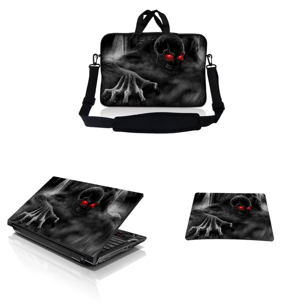 Notebook / Netbook Sleeve Carrying Case w/ Handle & Adjustable Shoulder Strap & Matching Skin & Mouse Pad – Red Eye Dark Ghost Zombie Skull