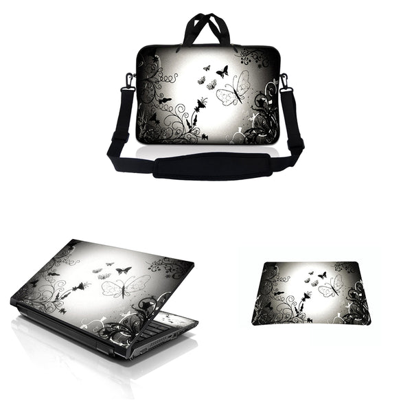 Notebook / Netbook Sleeve Carrying Case w/ Handle & Adjustable Shoulder Strap & Matching Skin & Mouse Pad – Dark Contrast Fade Butterfly