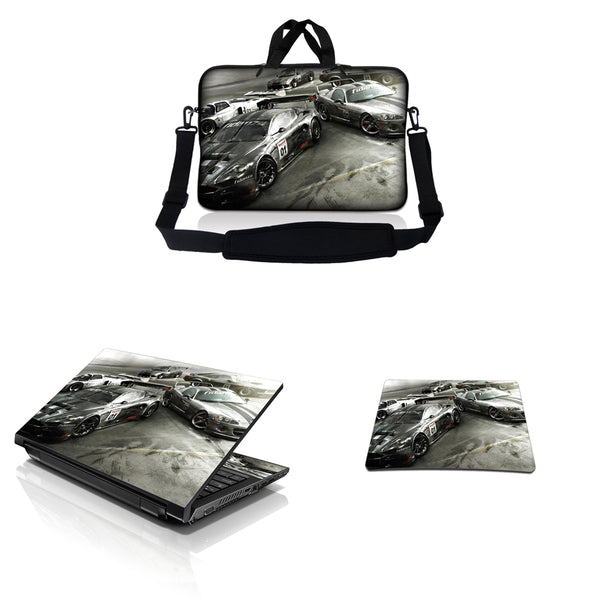 Notebook / Netbook Sleeve Carrying Case w/ Handle & Adjustable Shoulder Strap & Matching Skin & Mouse Pad – Race Cars