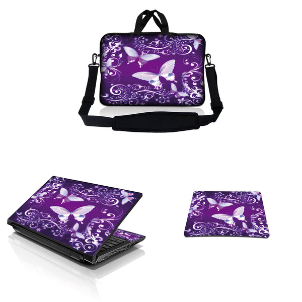 Notebook / Netbook Sleeve Carrying Case w/ Handle & Adjustable Shoulder Strap & Matching Skin & Mouse Pad – Purple Butterfly