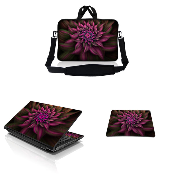 Notebook / Netbook Sleeve Carrying Case w/ Handle & Adjustable Shoulder Strap & Matching Skin & Mouse Pad – Purple Floral Flower