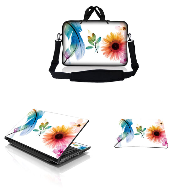 Notebook / Netbook Sleeve Carrying Case w/ Handle & Adjustable Shoulder Strap & Matching Skin & Mouse Pad – Daisy Flower Leaves Floral